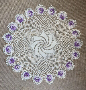 Vintage Large 13 inch Hand Crocheted Doily with Flowers